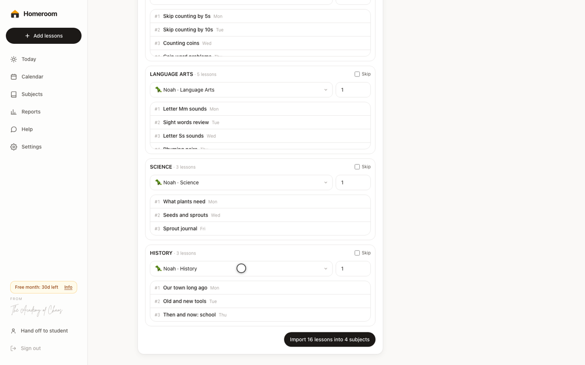 Week-grid photo import with a card per subject column mapped to each student subject