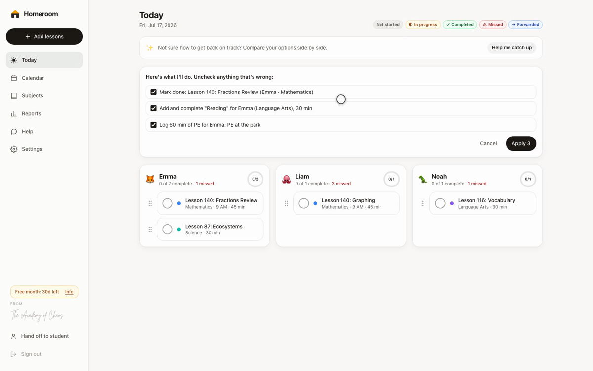 Quick log proposing three updates with checkboxes before applying